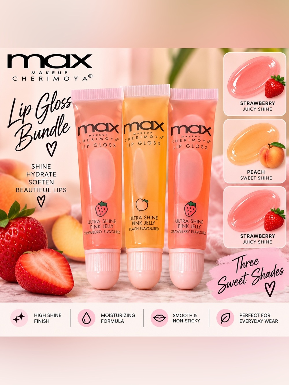 MAX Makeup Cherimoya Pink Jelly Lip Gloss – 3 Piece Bundle